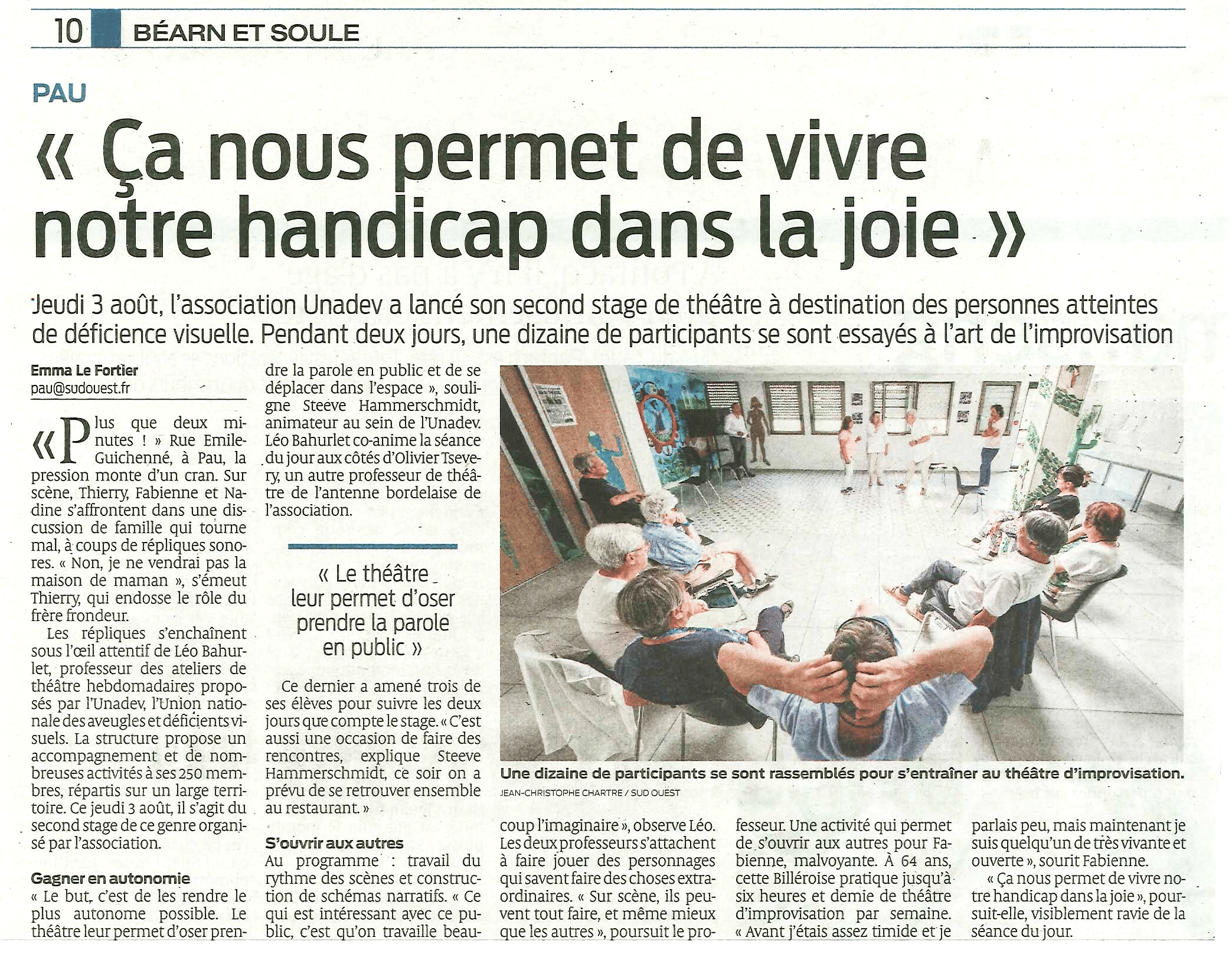 Sud Ouest Pau: "Ca nous permet de vivre notre handicap dans la joie" - 09 août 2023