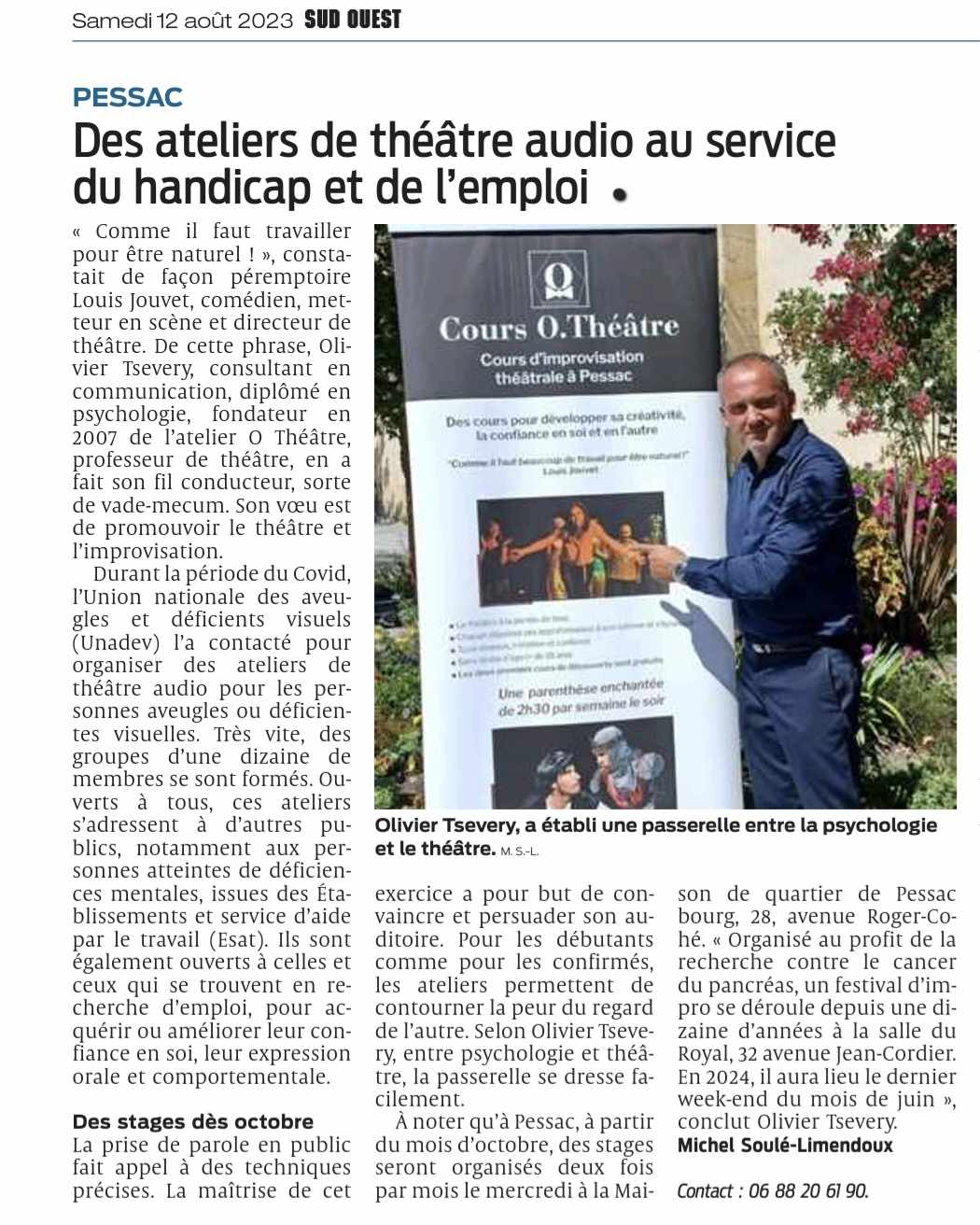 Sud Ouest 12-08-2023 Audio Théâtre au service du handicap et de l'emploi