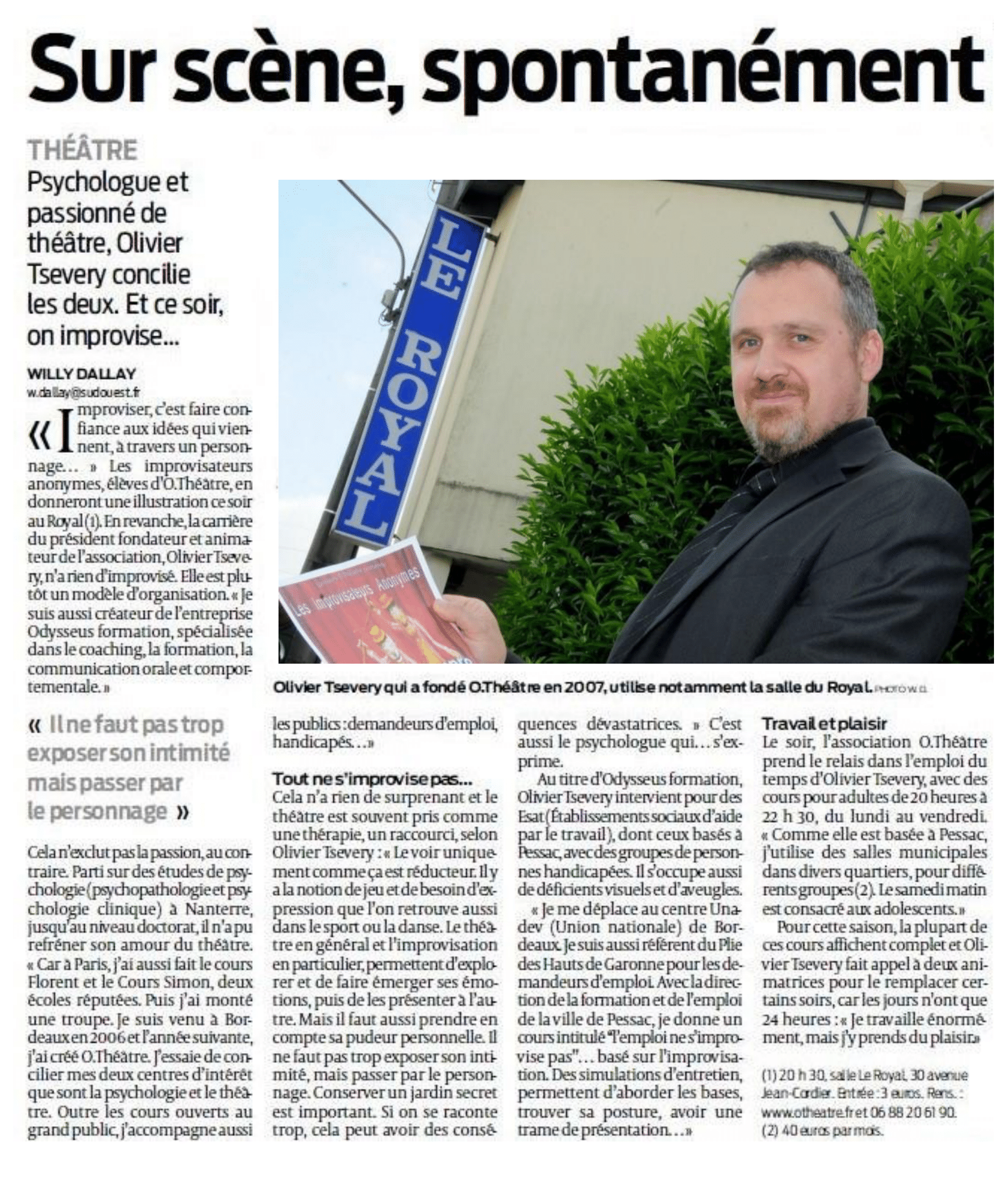 Article du "Sud Ouest" - Sur scène spontanément