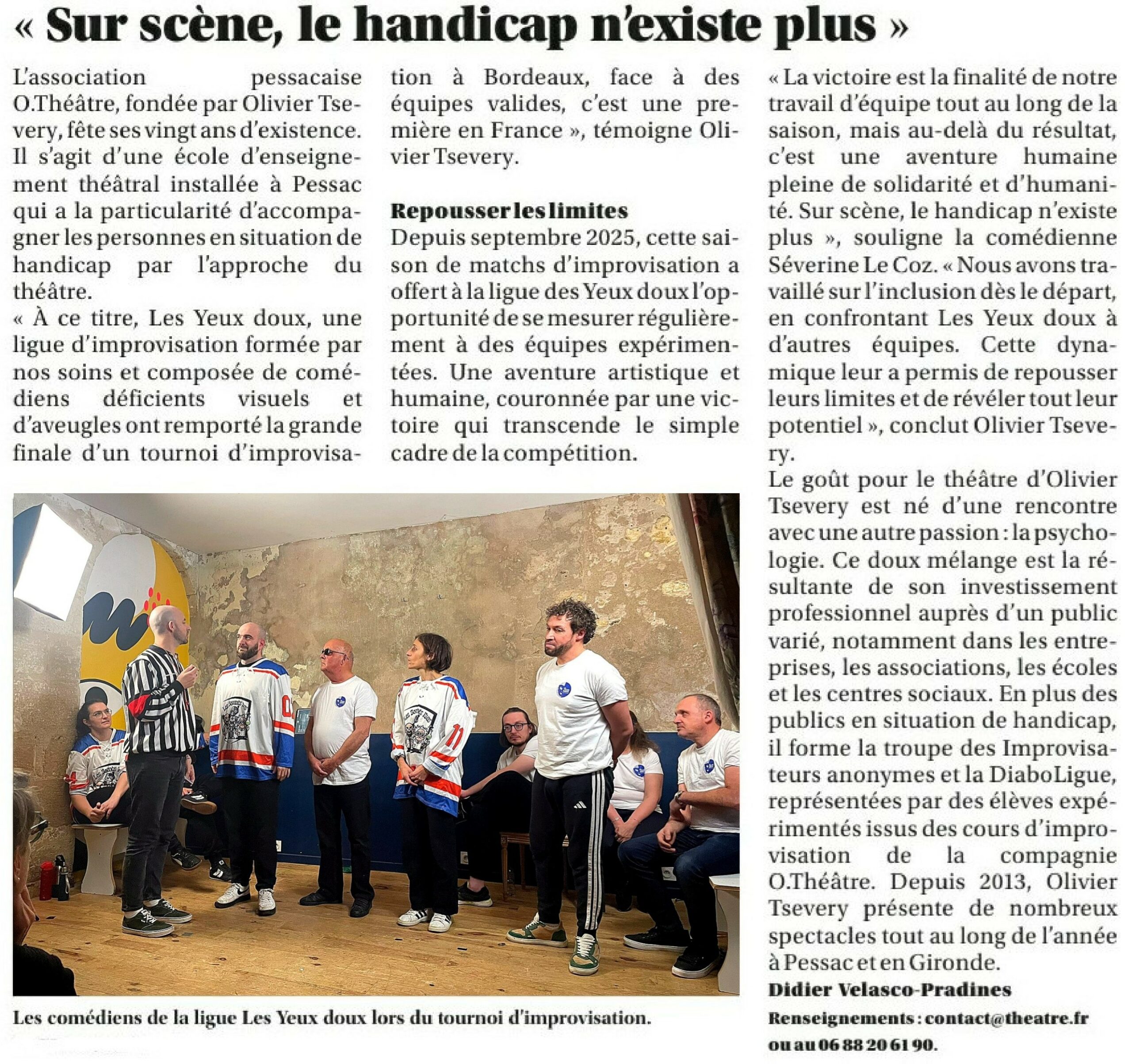 Article du Sud ouest du 02/09/2026 sur la ligue des Yeux doux et les 20 ans d'O.Théâtre
